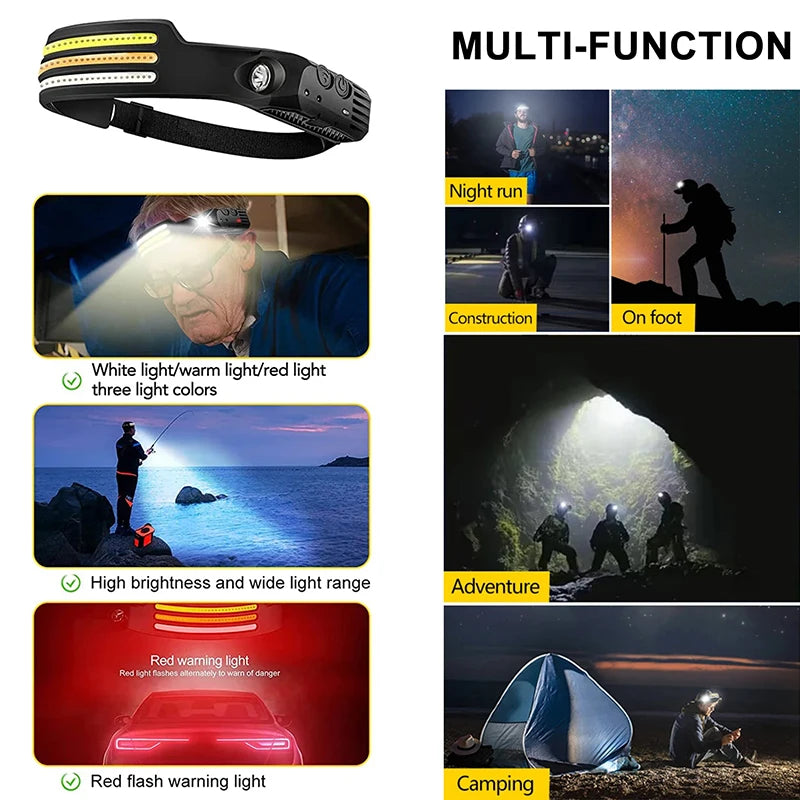 Induction Headlamp COB LED Sensor Head Lamp Built-in Battery Flashlight USB Rechargeable Head Torch 5 Lighting Modes Headlight